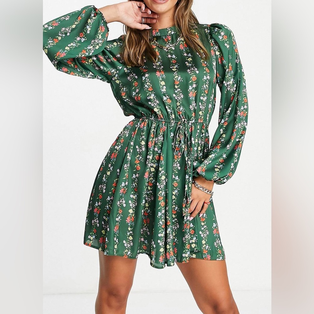 ASOS Design high neck satin mini skater dress in green linear floral pattern